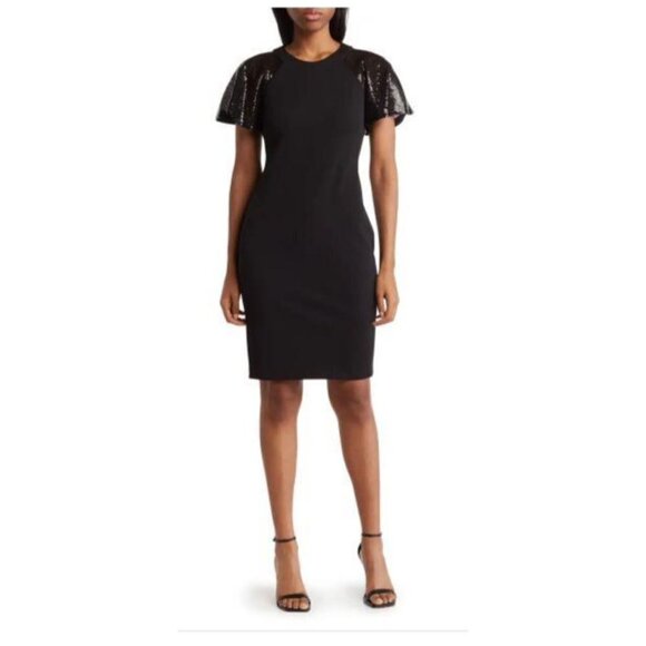 Calvin Klein Womens Black Sequin Short Sleeve Sheath Cocktail Dress Sz 8 New - Picture 1 of 10